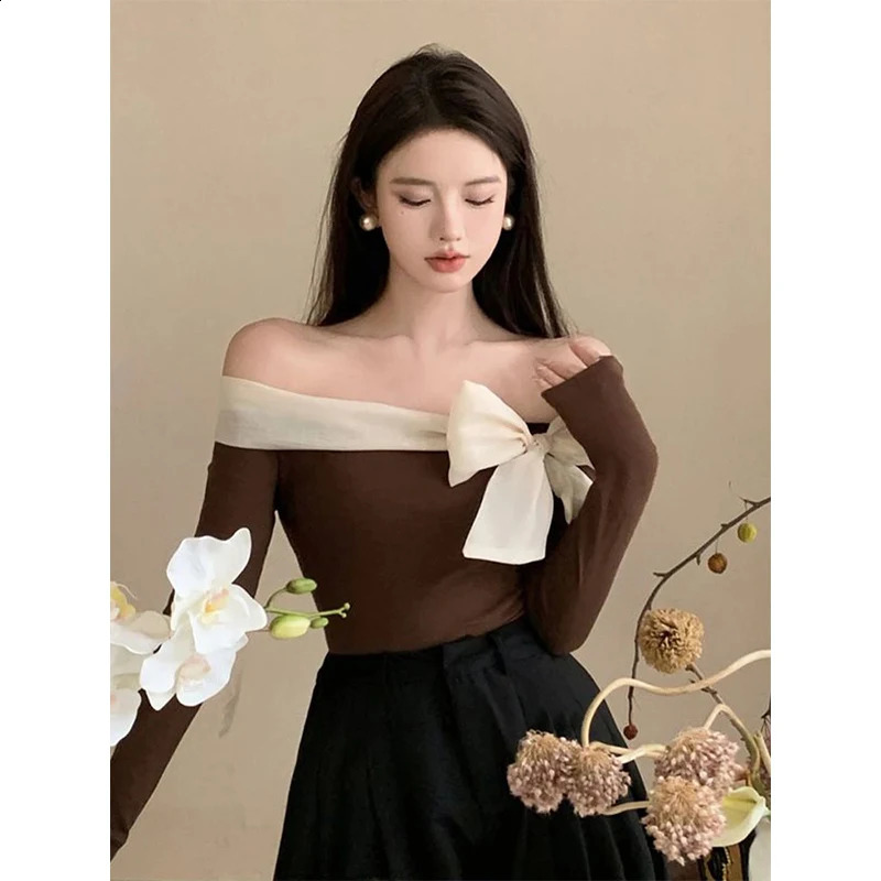 MEXZT French Elegant Sweater Women Sexy Off Shoulder Bow Slash Neck Pullovers Ladies Y2K Korean Stretch Slim Long Sleeve Tops 250107