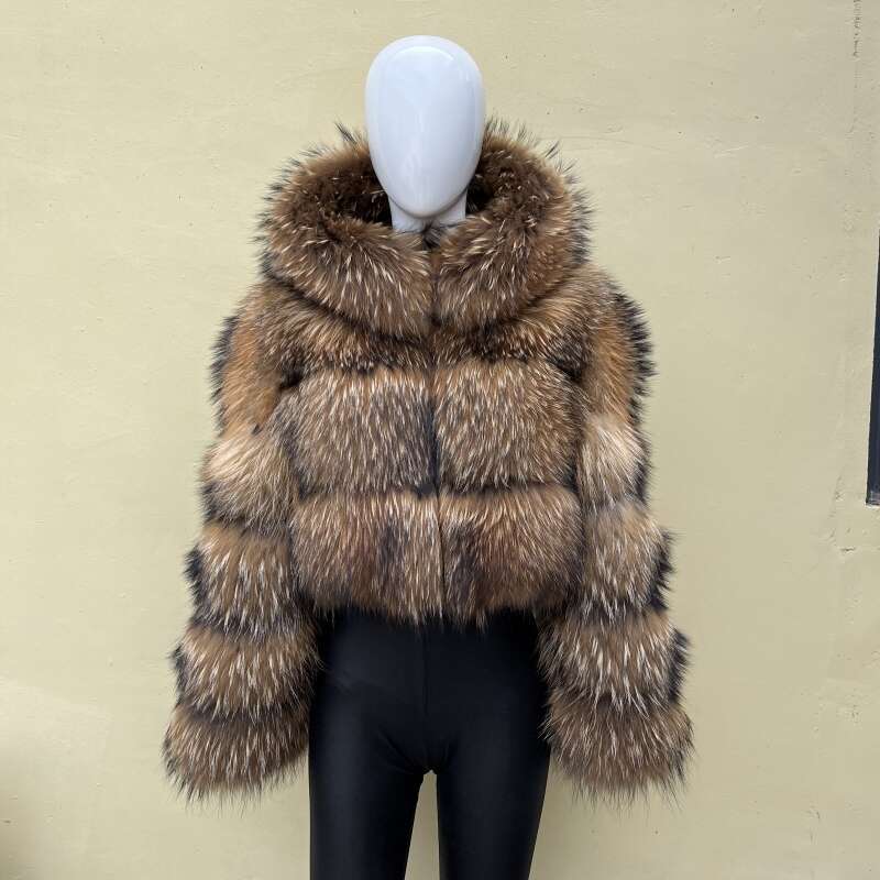 BEIZIRU Winter Women Fur Coat Hooded Luxury Real Raccoon Silver Fox TOP Furry Jackets Coat Warm Thick Natural Long Sleeve