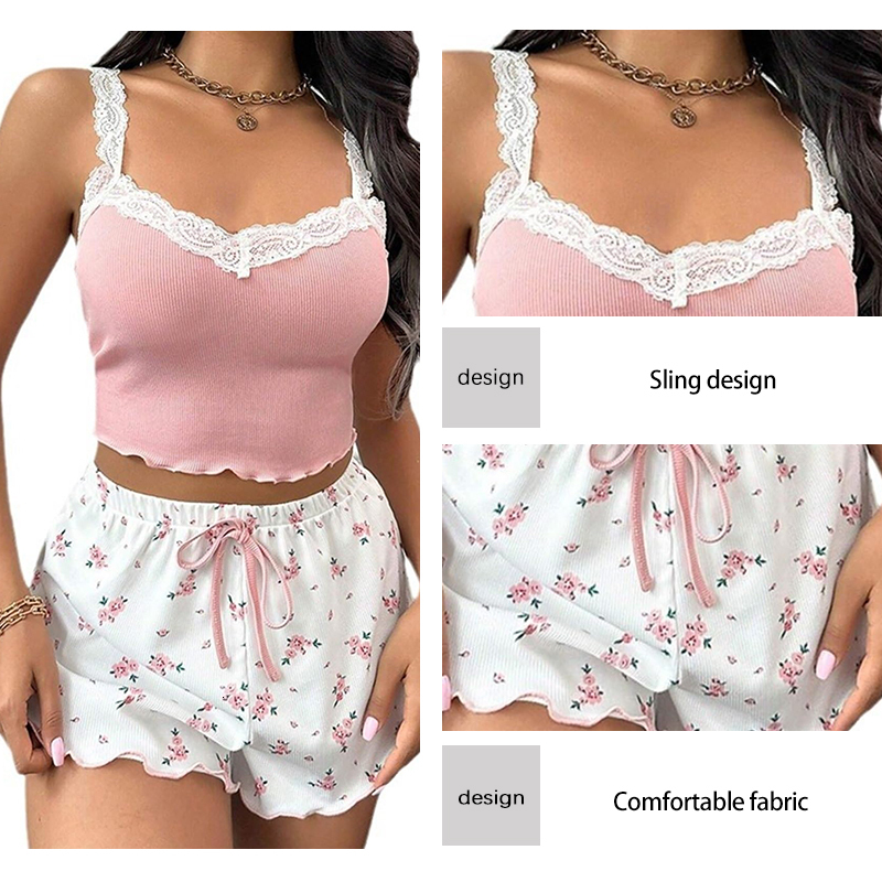 2025 New designer women s two piece summer ribbed knit low print lace trimmed vest and bow shorts sexy trend Pama set