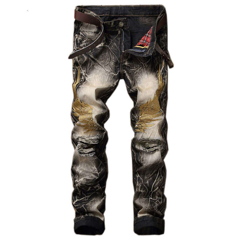New Streetwear Jeans Men Four Season European And American Personality Embroidery Wings Hole Denim Trousers Retro Plus Size