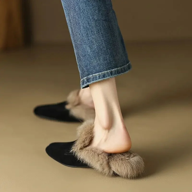 Slip On Simple Shoes Outwear Woman Warm Shoes mules Natural Suede Flat Shoes For Women SlippersMules Womens Fur Flats Slippers 241010