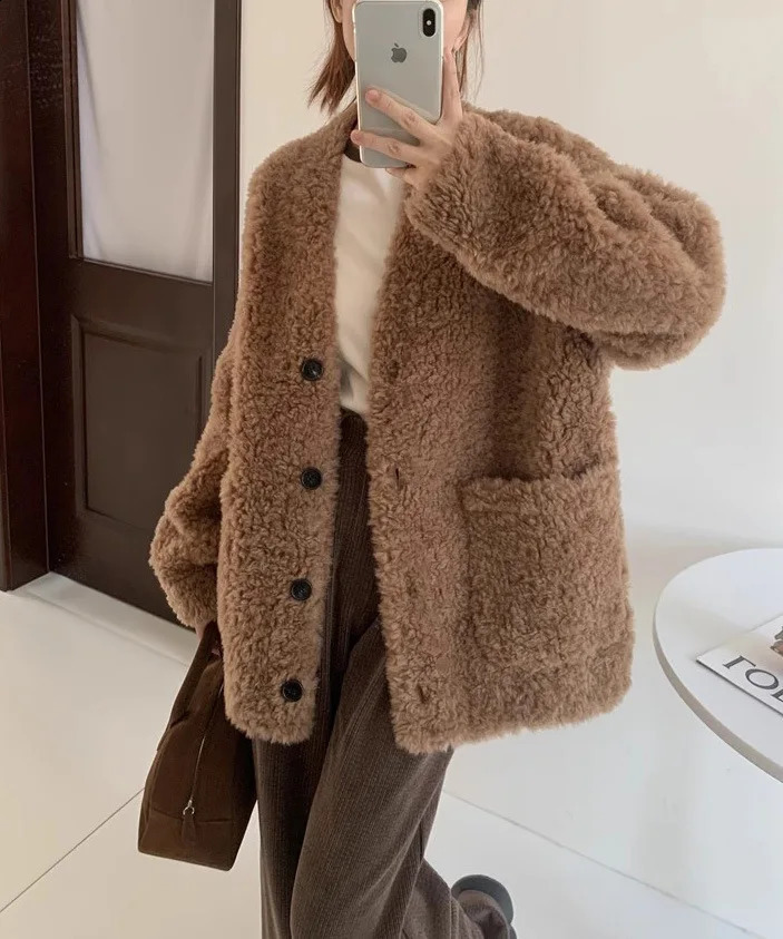 Wool coat autumn/winter fur integrated all wool womens medium long cashmere V-neck 241021