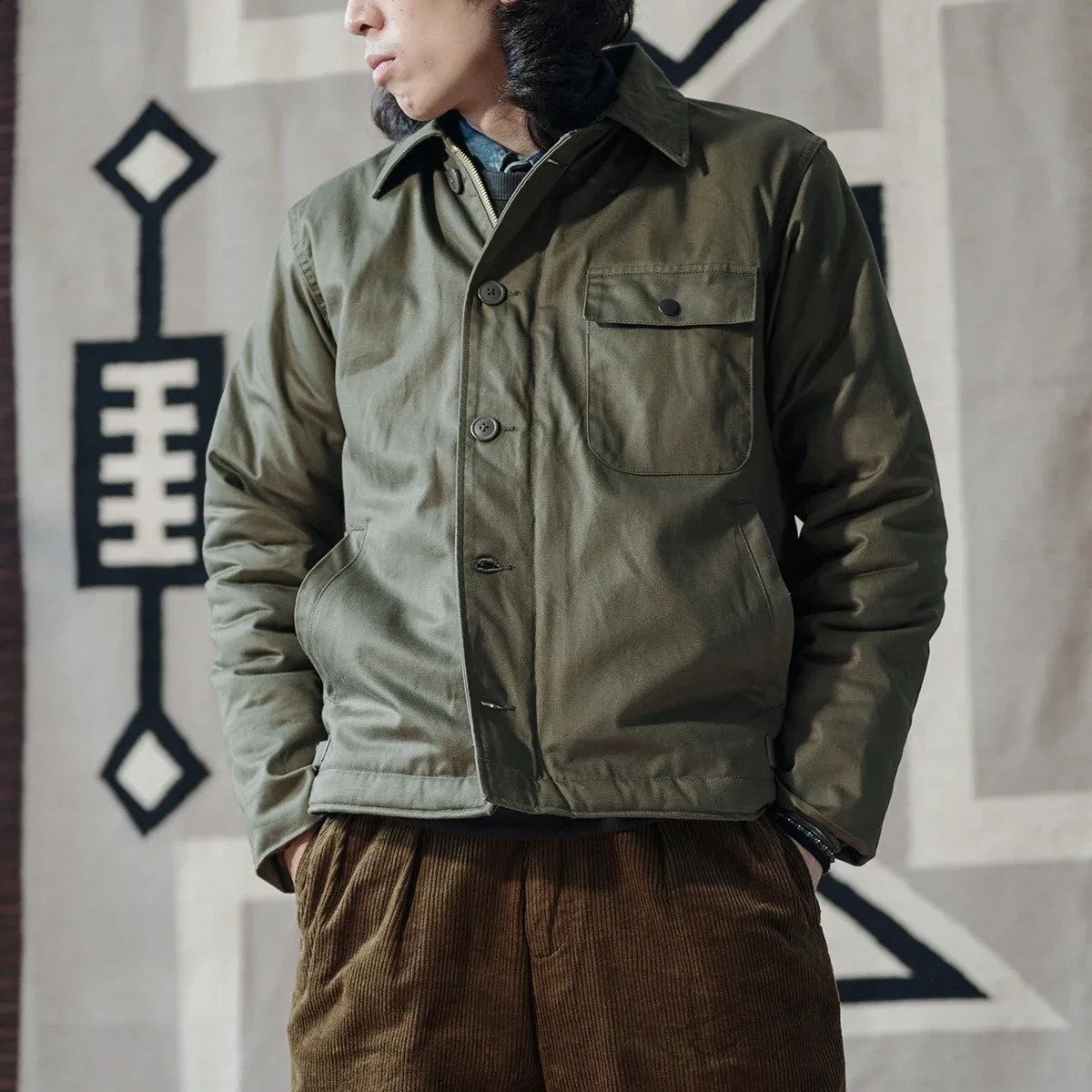 Non inventory USN A-2 deck jacket retro workwear Sherpa lined field coat Army green 241007