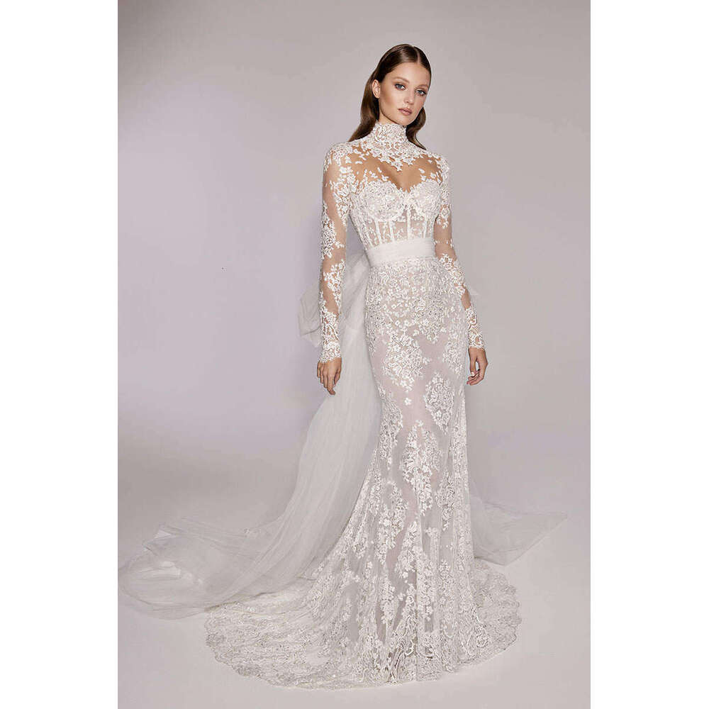 Ful Wedding Dress Mermaid High Collar Appliques Long Sleeve Detachable Train Bride Gown Vestido De Noiva Custom Made 0228Lz