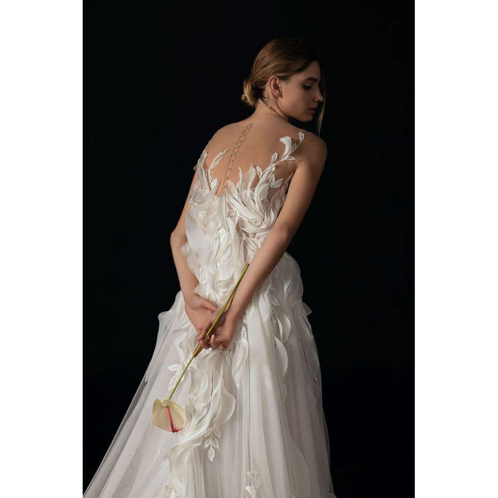 Romantic Wedding Dress A-E O-Neck Appliques 3D Wers Lace Sleeveless Princess Bride Vestido De Noiva Custom Made 0228Lz