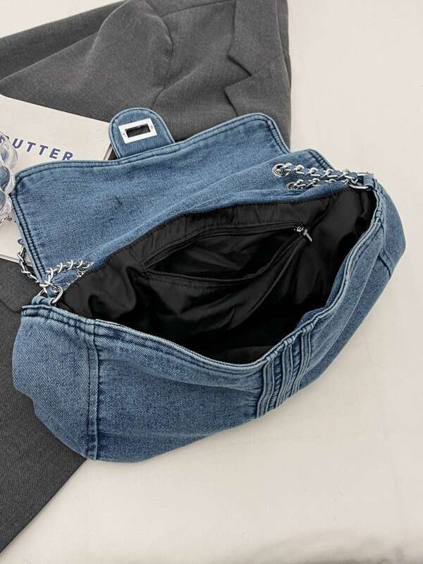 Solid Flap Pocket Interior Compartment Shoulder Casual Soft 2024 Hot Sale Bags for Women Zipper Denim Women's Handbags