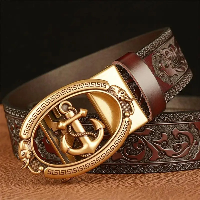 SupSindy Men Genuine Leather Belt Gold Navy Metal Automatic Buckle Cowhide Belts for Men Jeans Waistband Male Strap Black 241024