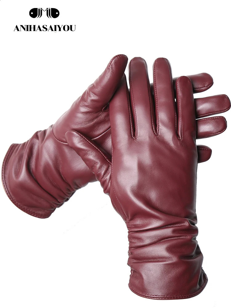 Womens sheepskin gloves winter warm plus velvet short thin touch screen driving color Womens leather gloves high Quality -2081 241024