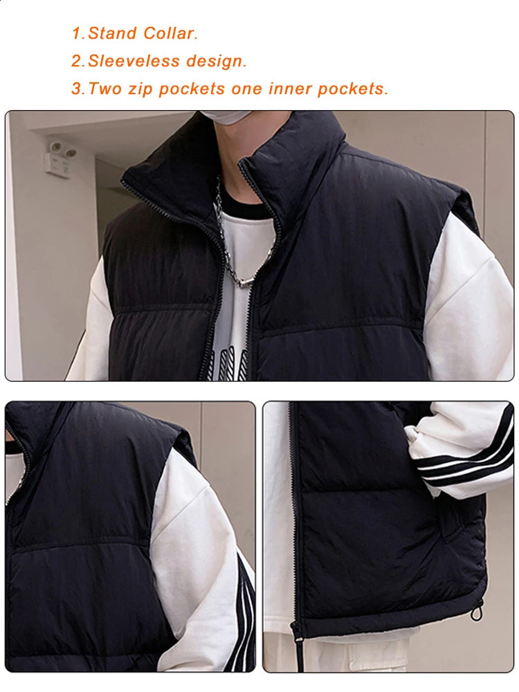 Winter Korean Mens Vests Stand Collar Zip Pockets SilkLike Cotton Padded Sleeveless Waistcoat Jacket Thick Thermal Gilet Coats 241021