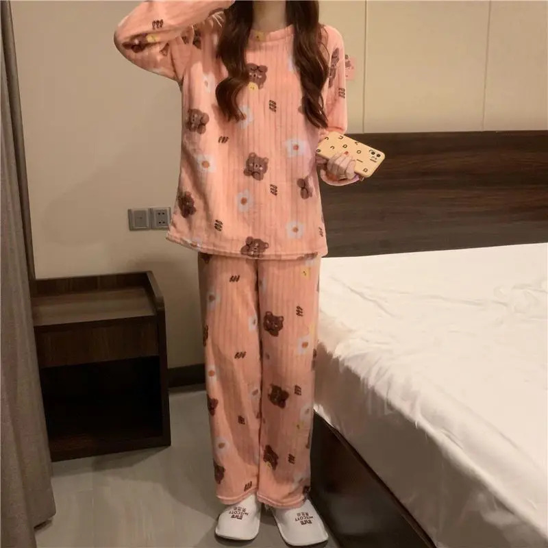 trend 2025 New Designer Top and Pants V shaped Set Thickened Warm Wool Cartoon Printed Cute Pama Set Women s Autumn Winter
