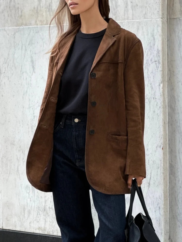 Fashionable womens retro brown single chest suede jacket fashionable lapel long sleeved jacket autumn casual womens street jacket 241021