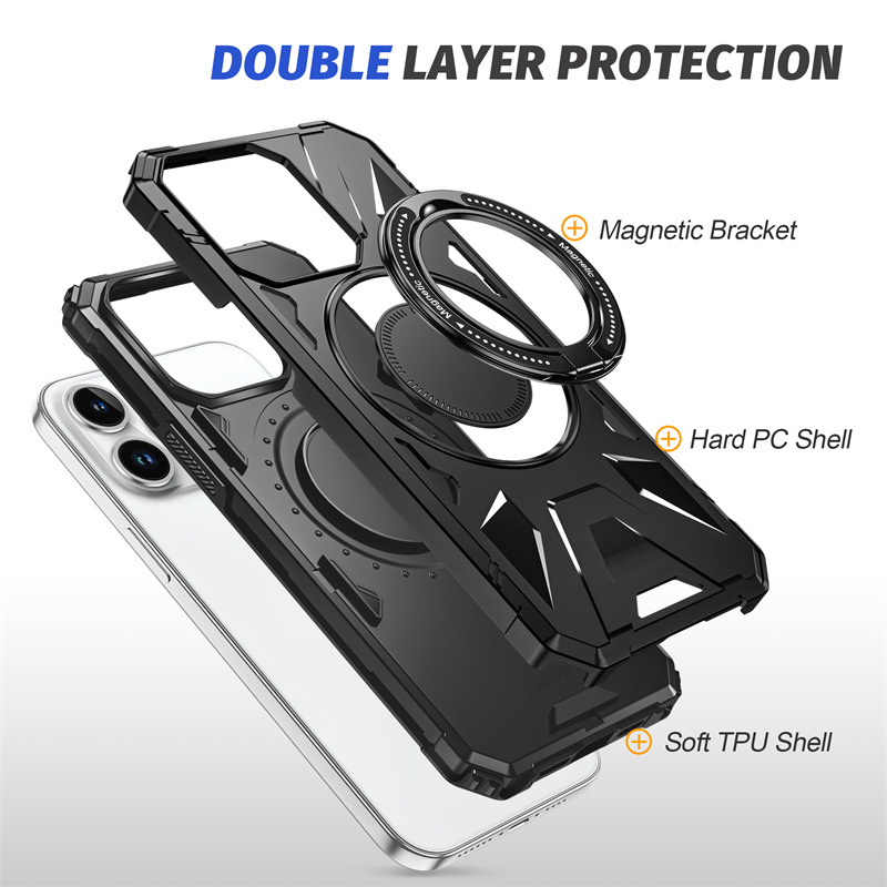 Magnetic Phone Case For IPhone 16 15 14 Plus 13 12 11 Pro Max For Magsafe Wireless Charging PC + TPU Hybrid Rugged Shockproof Shell Cover with Rotate 
