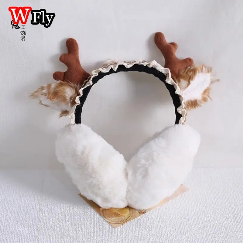 Women Harajuku Steampunk Christmas Earbuds Deer Antlers Foldable Ear Protectors Y2K Lolita Furry Girls Gothic Warm Earmuffs 241024