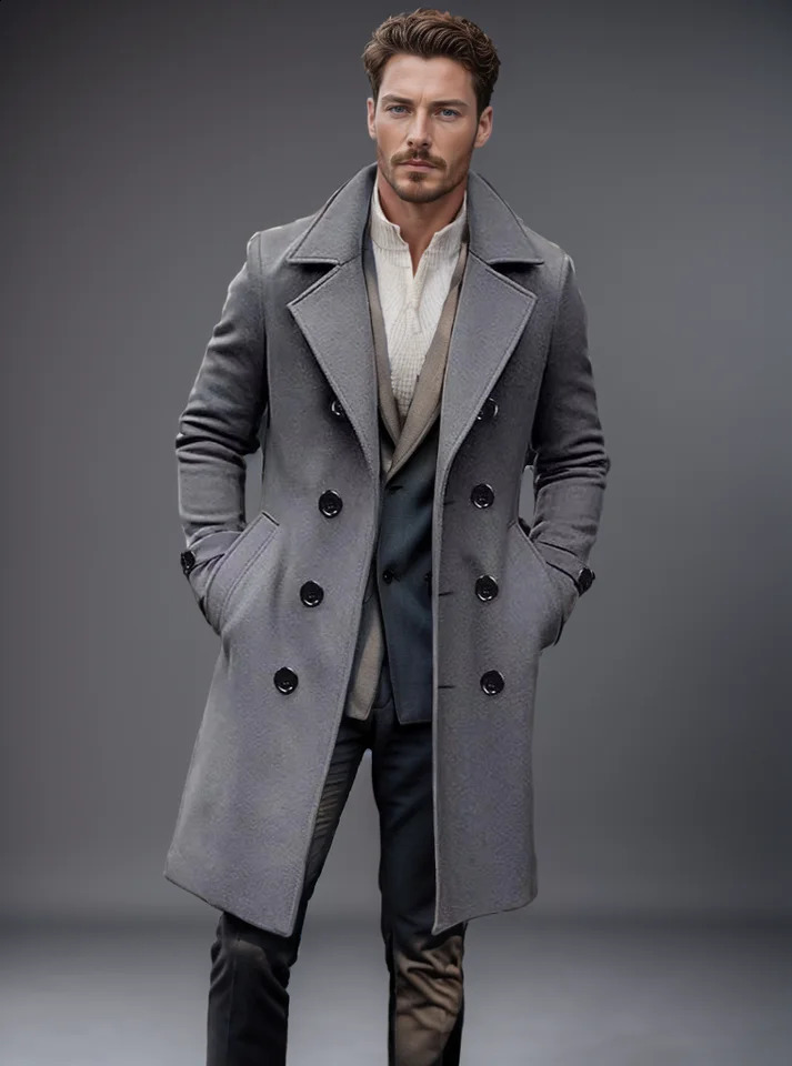 Autumn and winter mens wool coat casual and fashionable double-layer long mens wool coat 241021