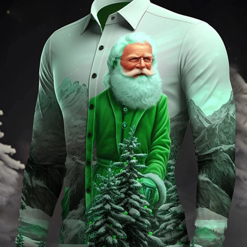 Daily Wear Going Out Fall Winter Turndown Long Sleeve Elastic Fabric Comfortable Shirt Santa Claus Pattern Casual Mens Shirt 241007