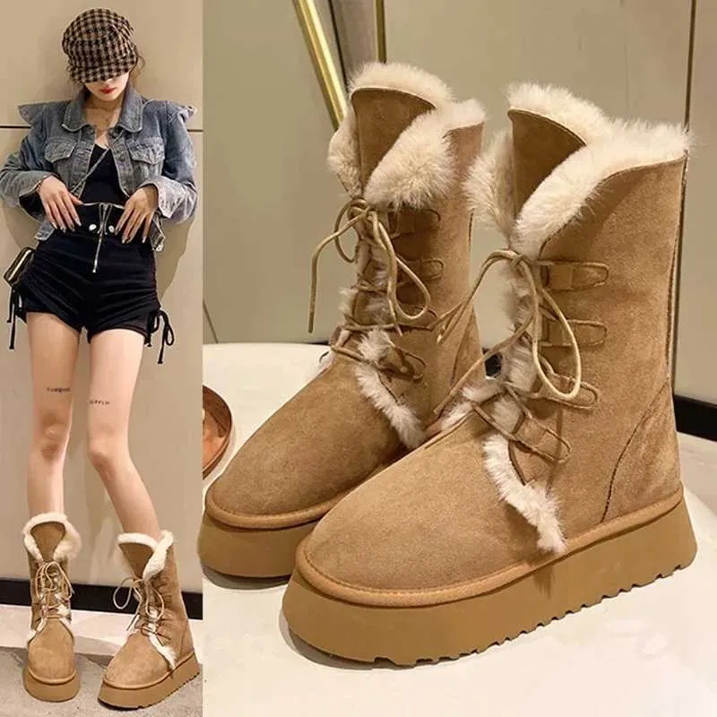 Platform Womens 2023 Winter Short Plush Warm Snow High Top Lace Up Ladies Mid-Calf Boots Fashion Casual Flats Shoes Xw6.5