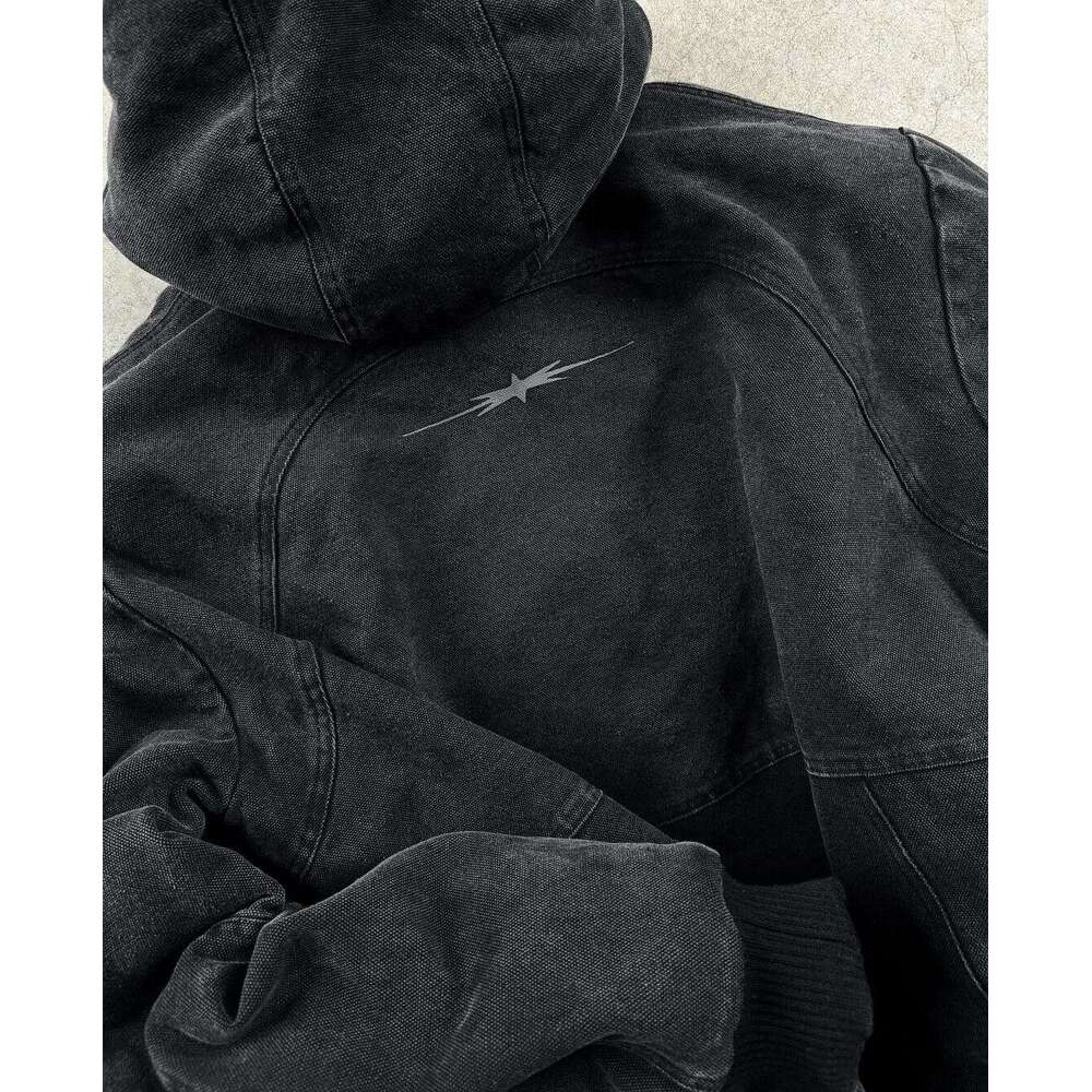 American Haruku Winter Thickened Washed Denim Zipper Men's New Loose Warm Hoodie Street Trend Hip-Hop Rap Y2k Jacket