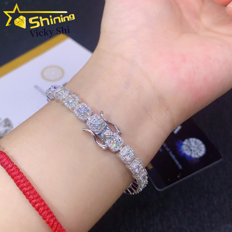 New Trendy Hip Hop Tennis Bracelet 6mm 925 Silver Vvs Moissanite Cluster Tennis Bracelet Women Men Fine Jewelry