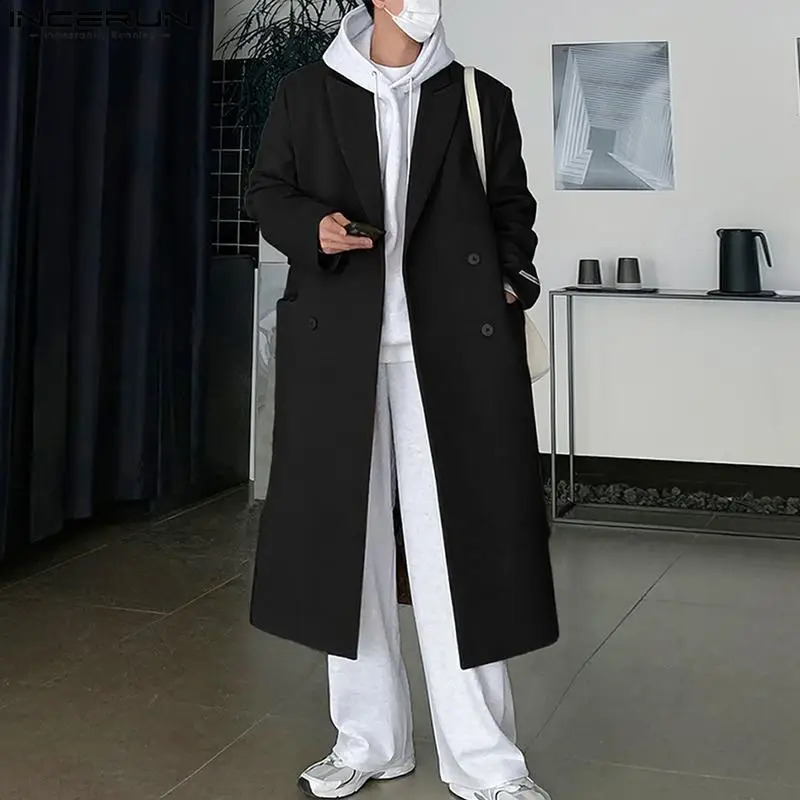 INCERUN Mens Coats Solid Collar Long Sleeve Double Chest Casual Mens Coat Street Clothing Fashion Long Coats S-5XL 241021