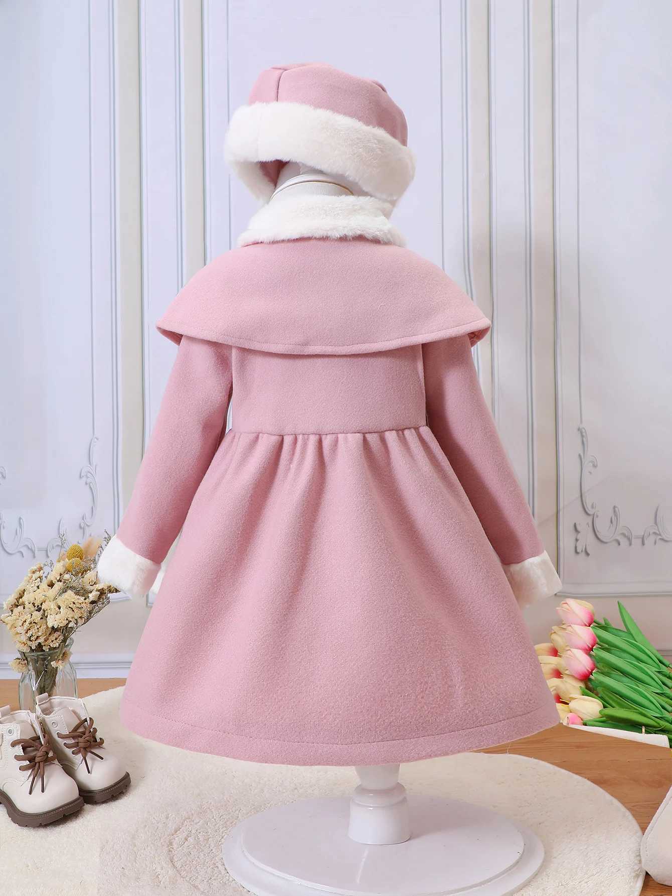 Girls new autumn and winter fur collar shawl double-layer wool coat with bow hat CL241021