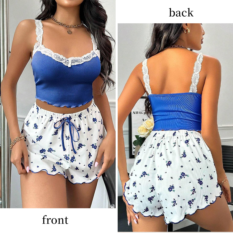 2025 New designer women s two piece summer ribbed knit low print lace trimmed vest and bow shorts sexy trend Pama set
