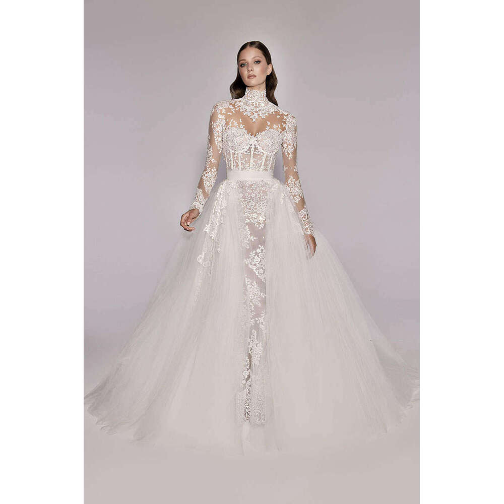 Ful Wedding Dress Mermaid High Collar Appliques Long Sleeve Detachable Train Bride Gown Vestido De Noiva Custom Made 0228Lz