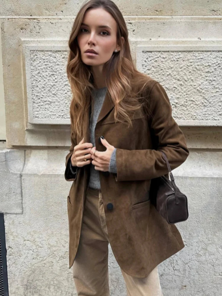 Fashionable womens retro brown single chest suede jacket fashionable lapel long sleeved jacket autumn casual womens street jacket 241021