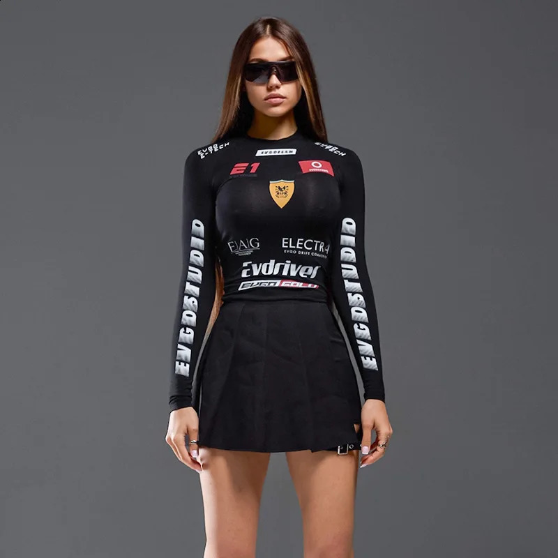 Moto Biker Printed Cyber Y2k White Tshirts Techwear Skinny Long Sleeve Women Crop Tops Gothic Punk Fashion Streetwear 241021
