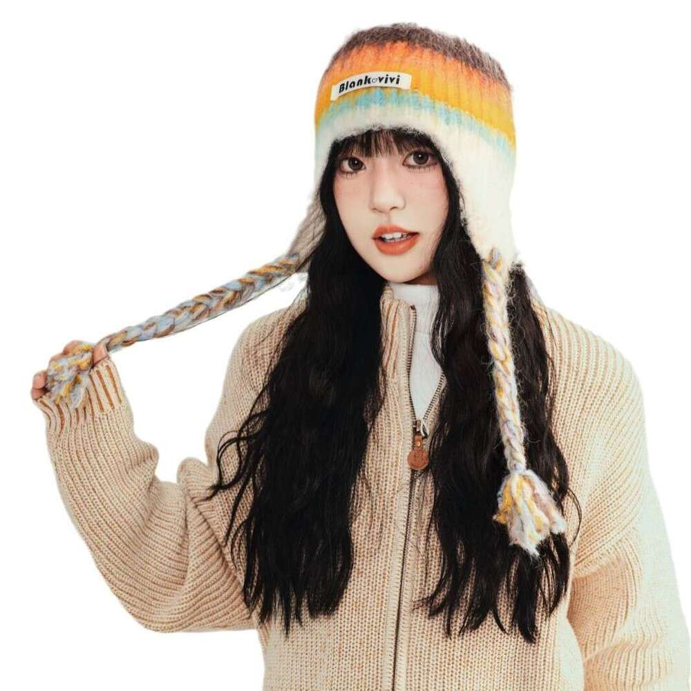 Beanie Striped design knit hat for winter outdoor warm Rainbow Christmas gift to girls knitted hat bonnet