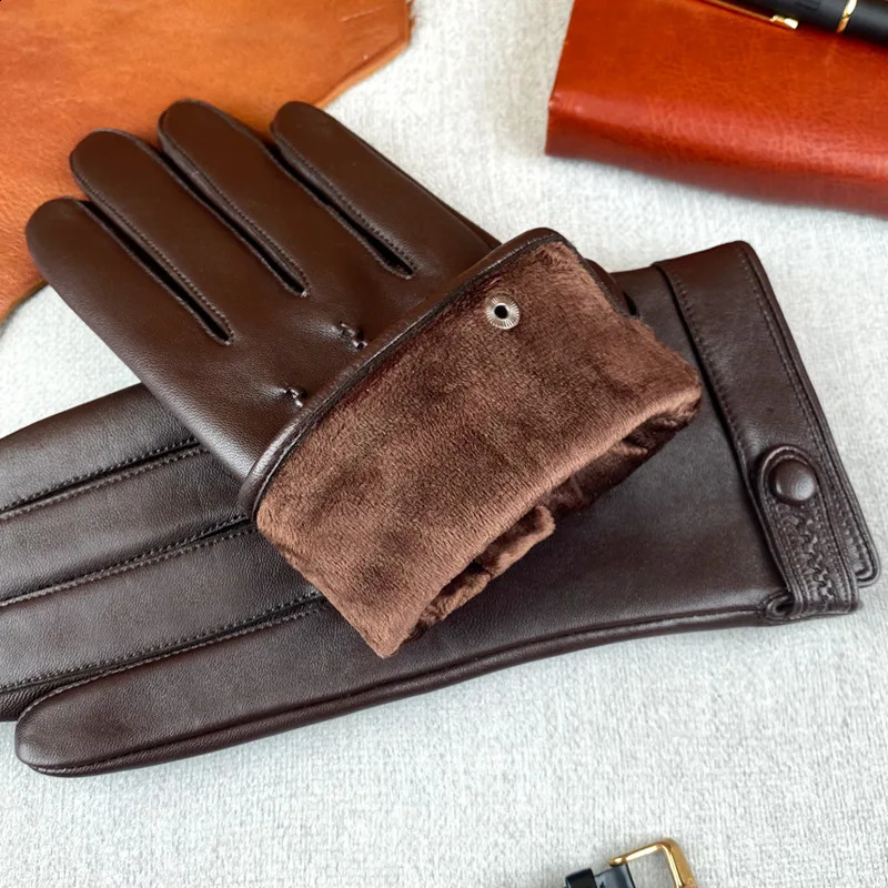 High Quality Genuine Sheepskin Leather Men Gloves Autumn Winter Windproof Warm Touch Screen Business Full Finger Gloves 241024