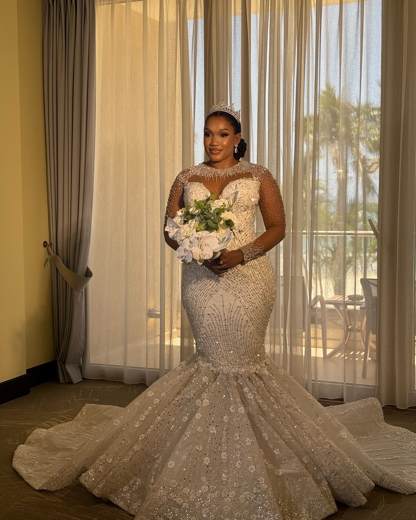 2024 Arabic Aso Ebi Plus Size Ivory Mermaid Wedding Dresses Urious Wers Beaded Full Sleeves Charming Eelgant Bridal Gowns Dress 0218