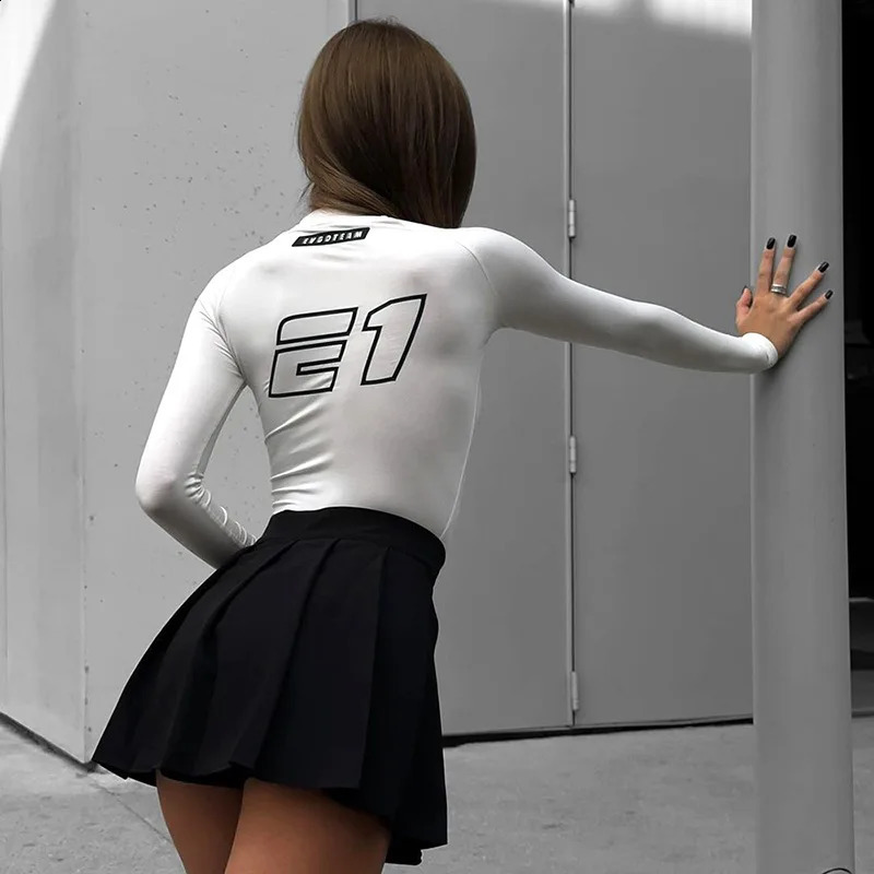 Moto Biker Printed Cyber Y2k White Tshirts Techwear Skinny Long Sleeve Women Crop Tops Gothic Punk Fashion Streetwear 241021