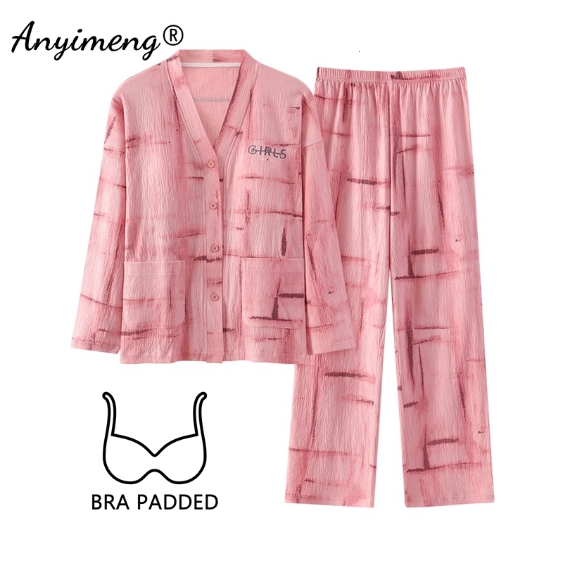 2025 New Autumn Winter Pamas with Bra Pads Long Sleeves Homewear Cardigan Kimono fashion Pijamas Fashion Women Sleepwear