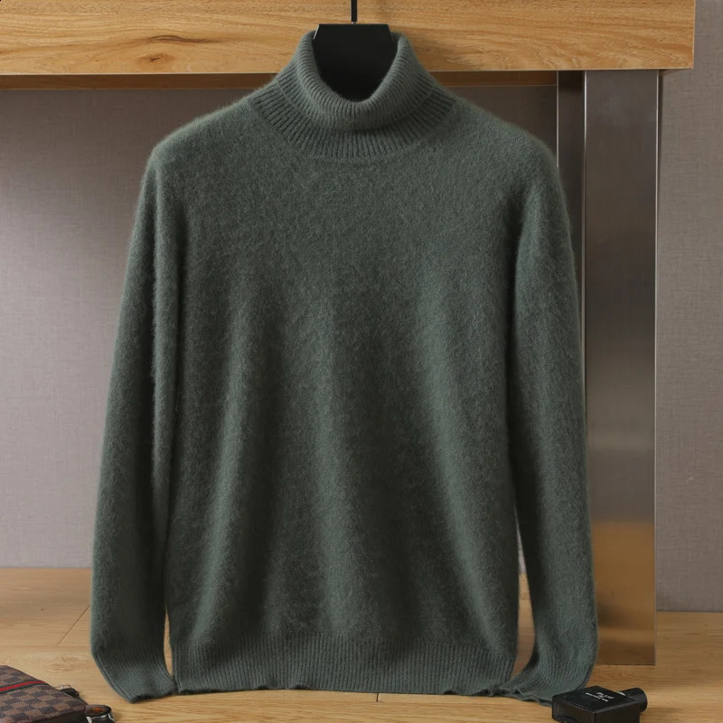 Mens Thickened High Neck 100% Pure Mink Sweater Large Undercoat Fashion Solid Color Long Sleeve Loose Youth Pullover 241021