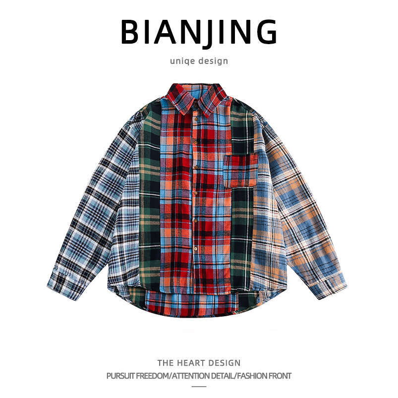shanshi Men's shirts christmas Spring Autumn Color blocked Checkered Long sleeve for Men and Women High Street Trendy Brand Loose Casual Student 