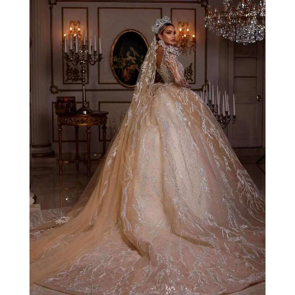 Gorgeous Wedding Dress Ball Gown Crystal Sequined Ruched Long Sleeve or-Length Princess Bride Vestido De Noiva Custom Made