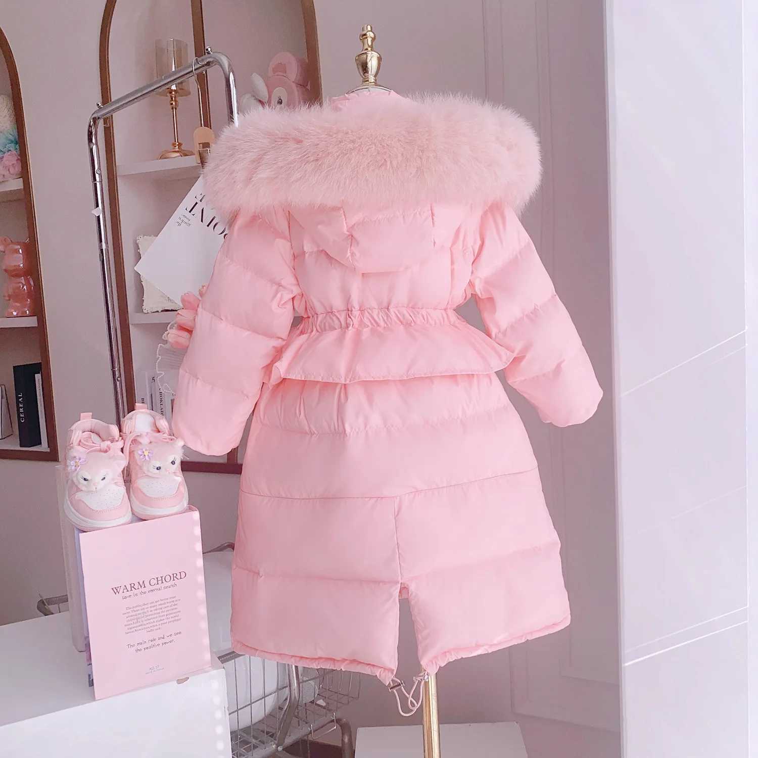 4-12 Years Old Winter Girls Slim Jacket Long Style Hooded Fur Collar Pink Black Color Thicken Coat For Kids Children OuterwearXJ241021