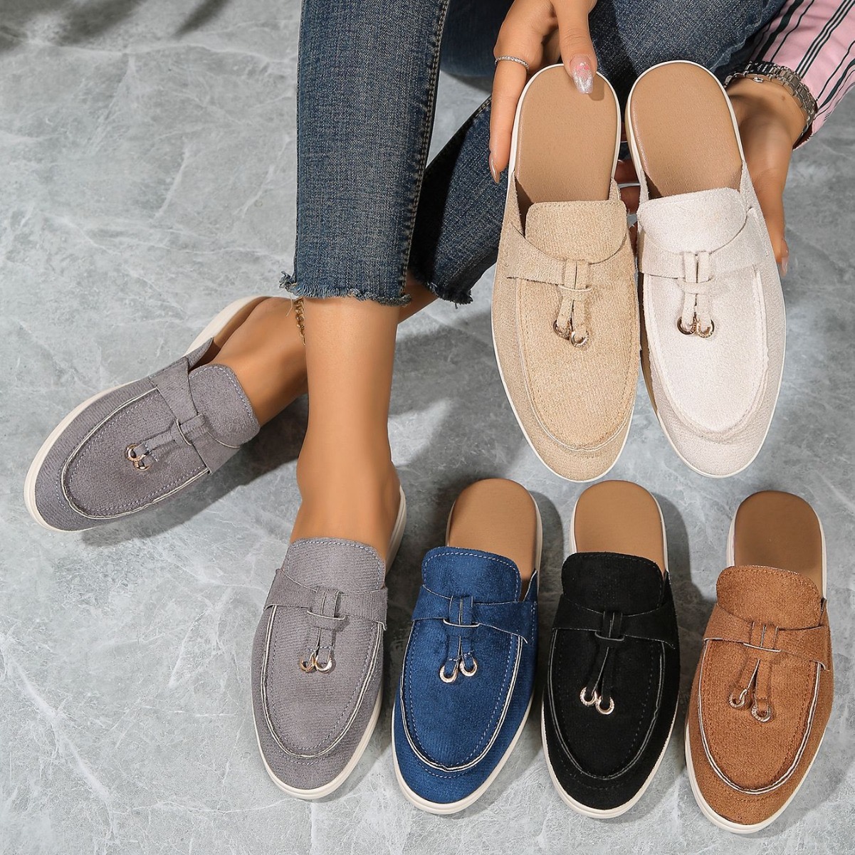 Casual New Flat Bottom Lock Tassel Loafers Fashion Women Single Brand Metal Buckle Slipper Mules Comfortable Slip on Shoes 61a6
