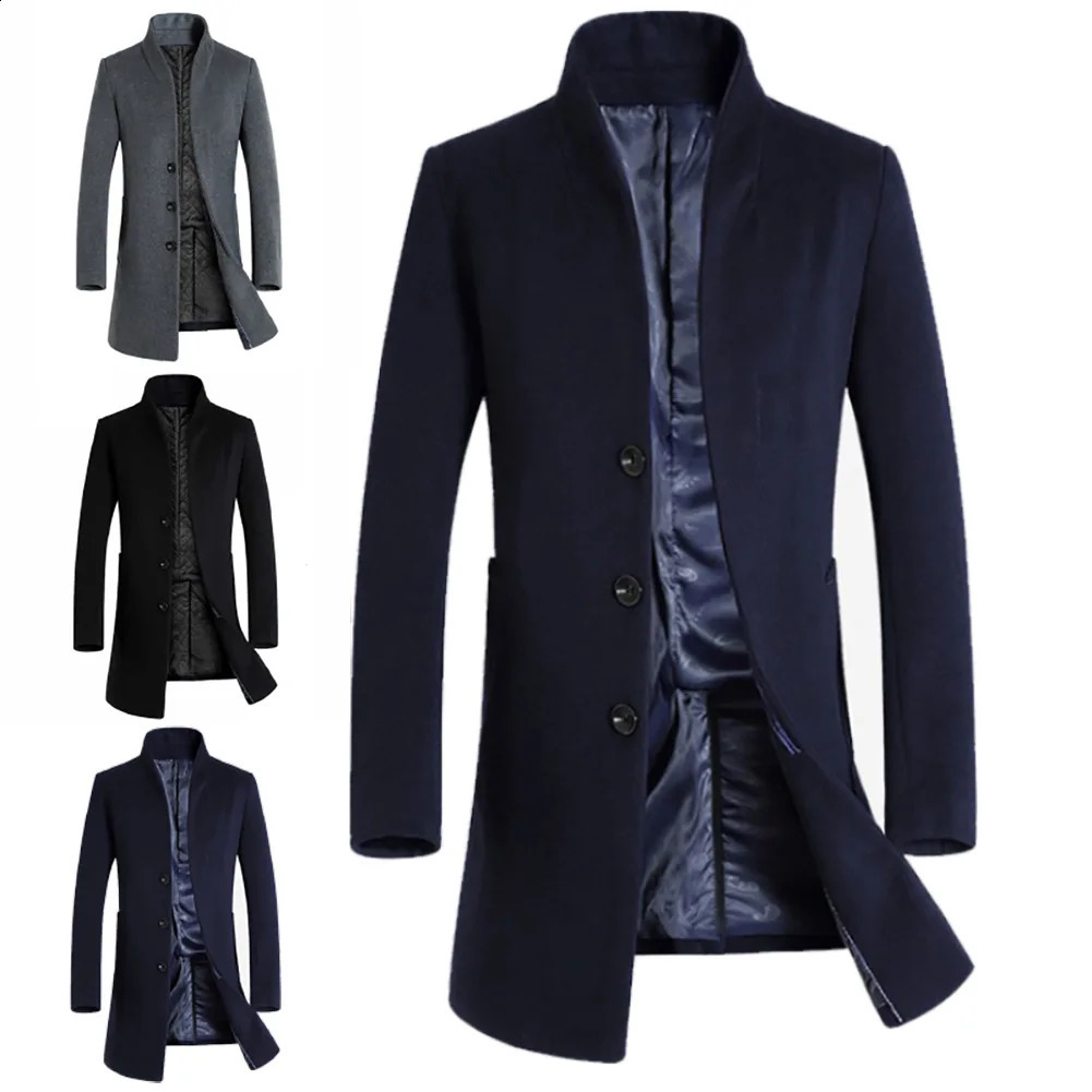 Mens Winter Warm Solid Color Wool Trench Coat Ultra Thin Coat Long Coat Mens Solid Color Jacket Long Button Wool 241021