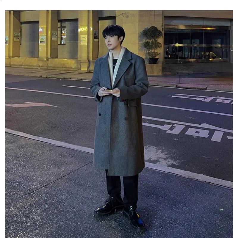 Autumn and winter season wool coat mens Korean version loose mid knee long trench coat Ins trendy suit jacket 241021