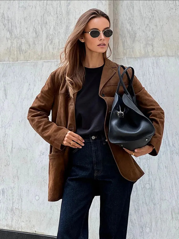 Fashionable womens retro brown single chest suede jacket fashionable lapel long sleeved jacket autumn casual womens street jacket 241021