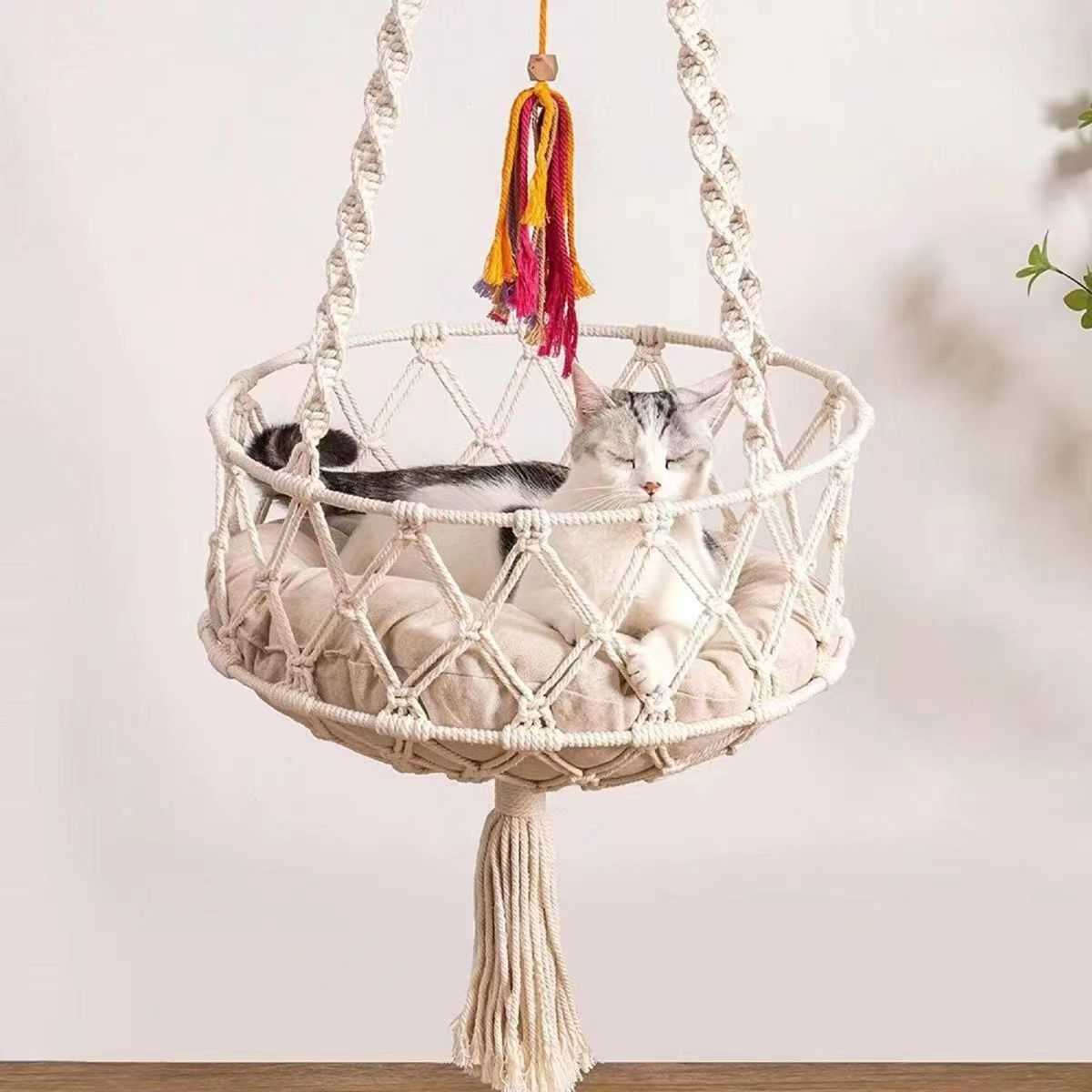 Dog Houses & Kennels Accessories Handmade woven kitten hammock bed Bohemian with hanging kit indoor decoration cat nest