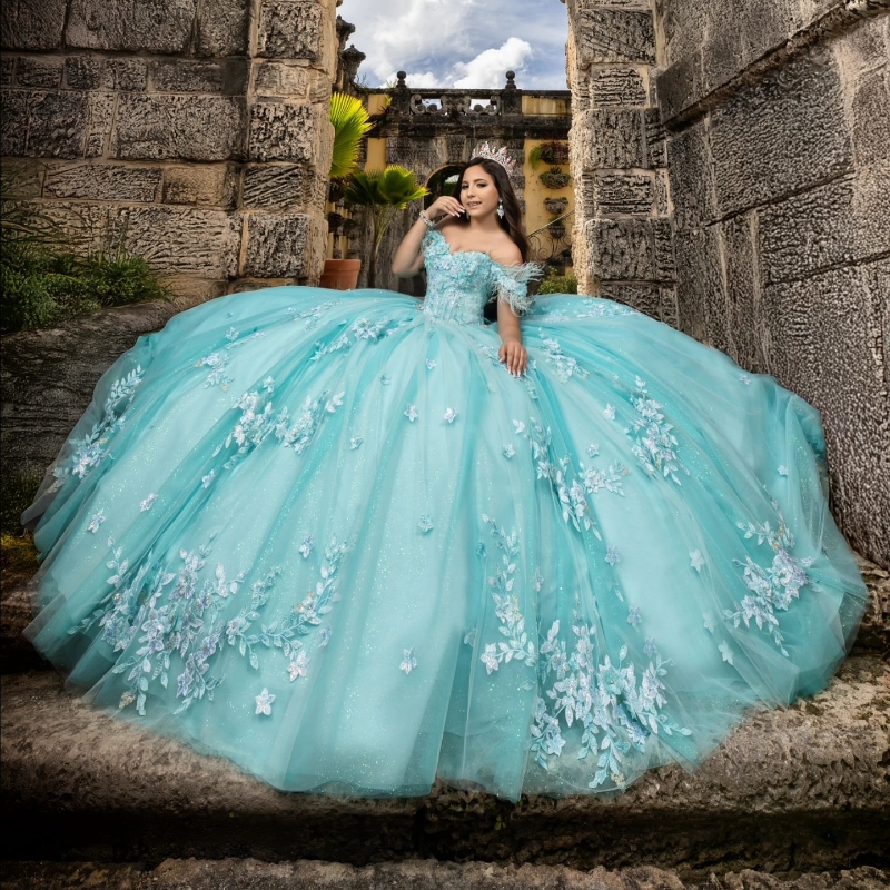 Water Blue Quinceanera Dresses Ball Gown Off The Shoulder Bow Beaded Applique Lace Birthday Party Vestidos De 15 Anos Sweet 16 Dress