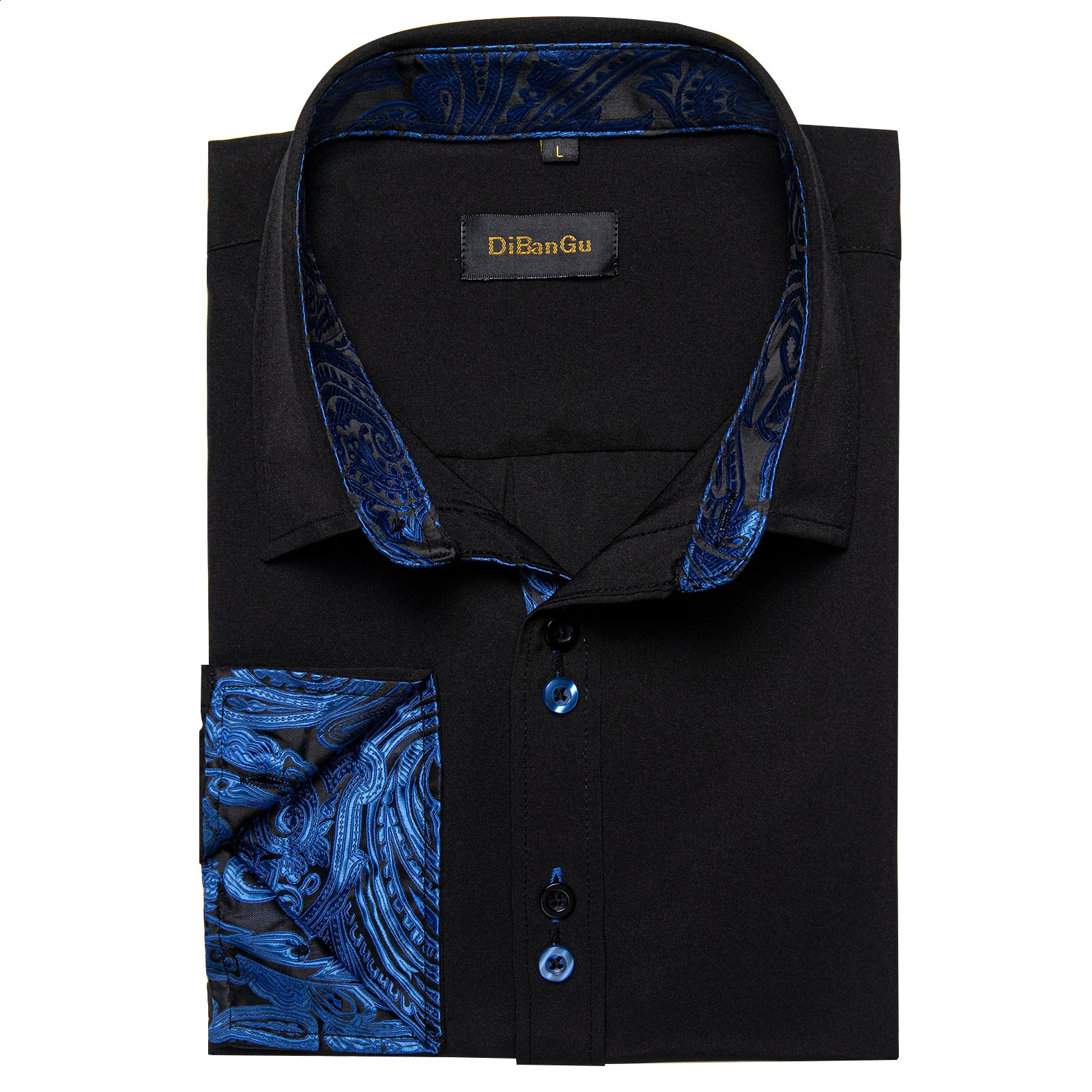 Mens polyester pure cotton black shirt long sleeved blue paisley patch work social casual dress elegant mens clothing 241007