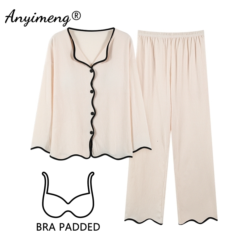 2025 New Autumn Cute Pamas for Girl fashion Fashion Soft Women Pama with Bra Pads Long Sleeves Cardigan Pijamas Woman Nightwear