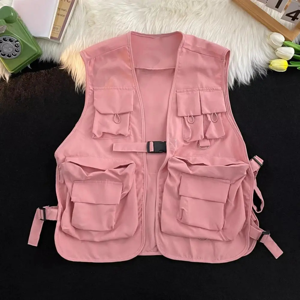 Multi Pockets Cargo Waistcoat Solid Color Hip Hop Style Women Men Sleeveless Loose Buckle Closure Jackets Vests 241021