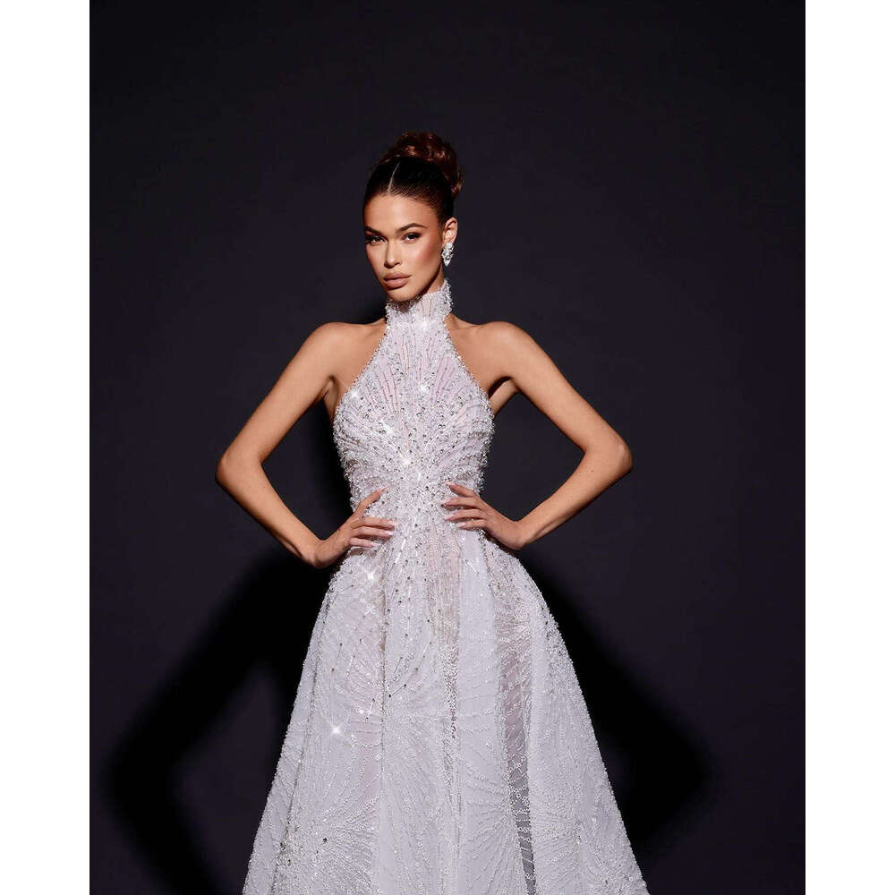 Ful Wedding Dress A-E Halter Sequined Beading Sleeveless Or-Length Princess Bride Vestido De Noiva Custom Made 0228Lz
