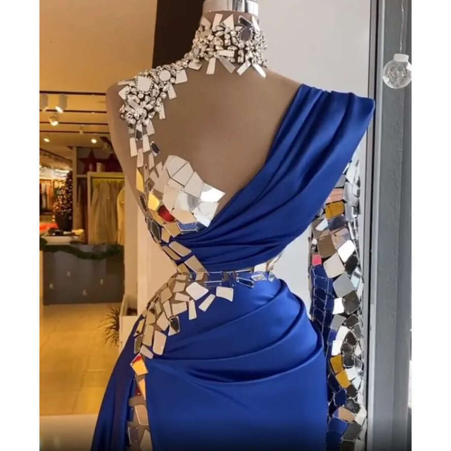 Arabic Urious Ebi Aso Beaded Crystals Evening High Neck Prom Dresses Sheath Formal Party Second Reception Gowns Zj