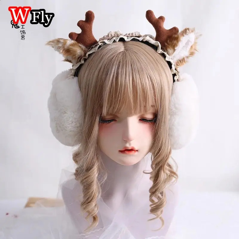 Women Harajuku Steampunk Christmas Earbuds Deer Antlers Foldable Ear Protectors Y2K Lolita Furry Girls Gothic Warm Earmuffs 241024