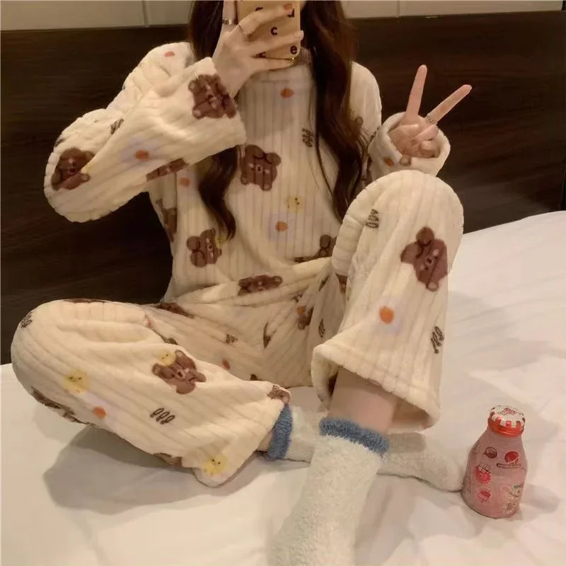 trend 2025 New Designer Top and Pants V shaped Set Thickened Warm Wool Cartoon Printed Cute Pama Set Women s Autumn Winter